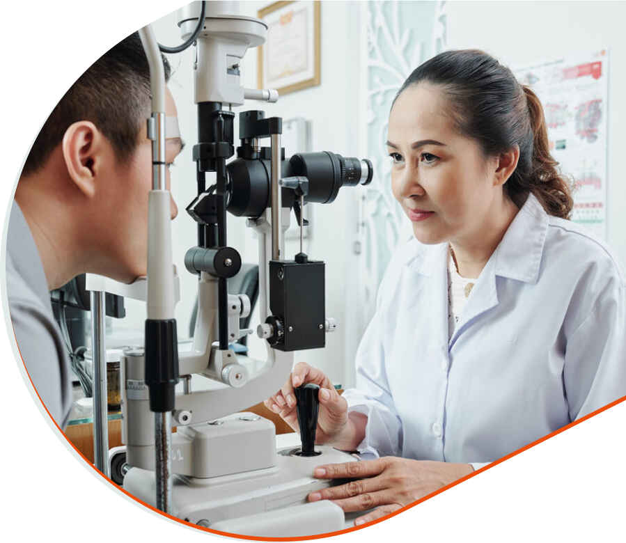 Eye examination using a slit lamp performed in an optometry clinic