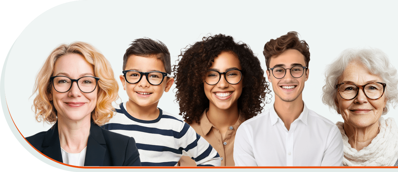 Enfants, adultes et aînés avec des lunettes dans une clinique visuelle